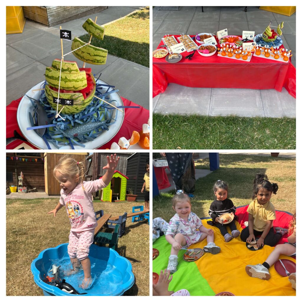 Pirate adventures at Crow Kids Day Nursery in Walsall. The picture shows a pirate-themed picnic and children enjoyed the nursery garden.